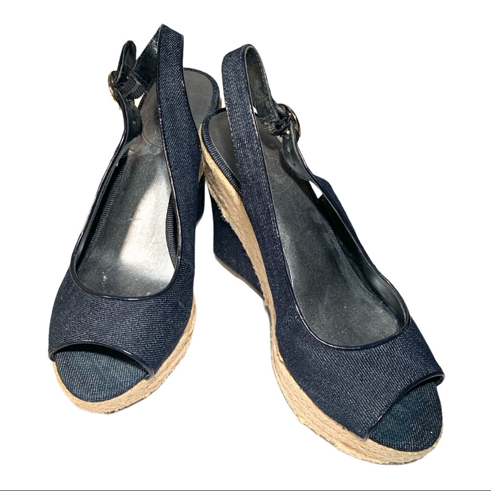 Jessica Simpson Navy Fabric Weave Wedge Heel Open Toe Shoe Preppy Nautical